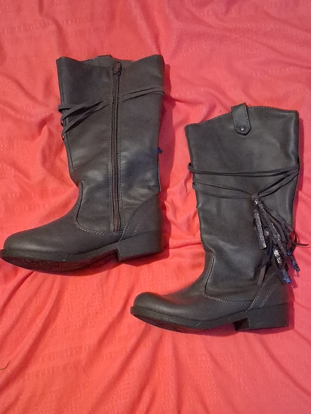Kids Black Mid-Calf Boots with Tassel Wrap